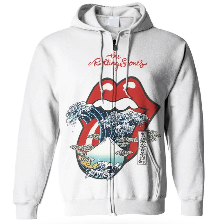 The Rolling Stones Big Red Tongue Great Wave Fuji Mountain Tattoo Japan Style Shirt - White