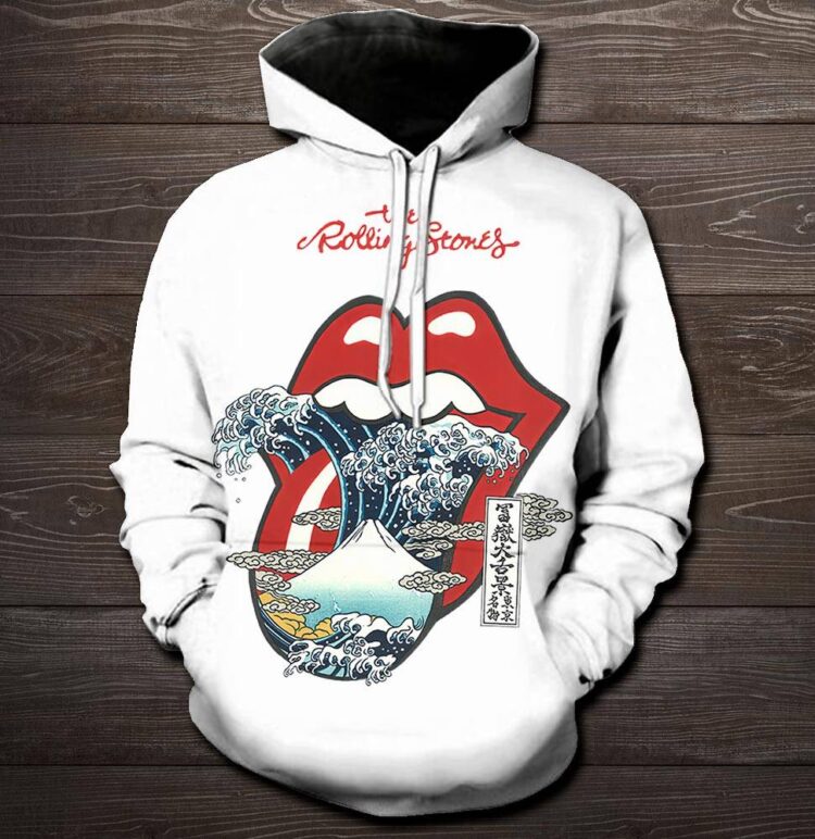 The Rolling Stones Big Red Tongue Great Wave Fuji Mountain Tattoo Japan Style Shirt - White