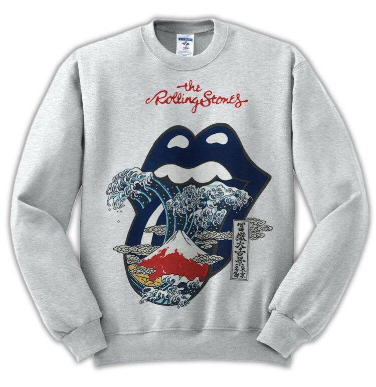 The Rolling Stones Big Tongue Great Wave Fuji Mountain Tattoo Japan Style Shirt - White