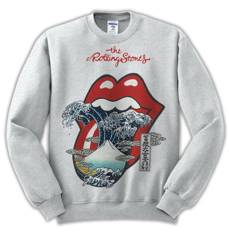 The Rolling Stones Big Red Tongue Great Wave Fuji Mountain Tattoo Japan Style Shirt - White