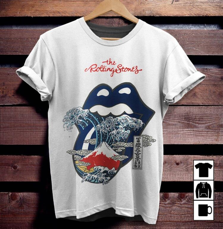 The Rolling Stones Big Tongue Great Wave Fuji Mountain Tattoo Japan Style Shirt - White