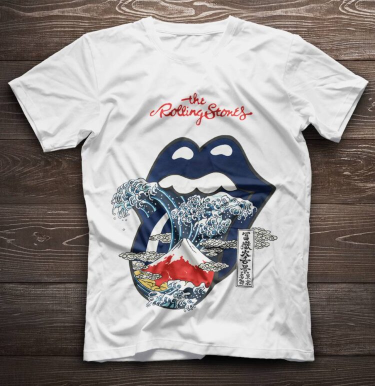 The Rolling Stones Big Tongue Great Wave Fuji Mountain Tattoo Japan Style Shirt - White