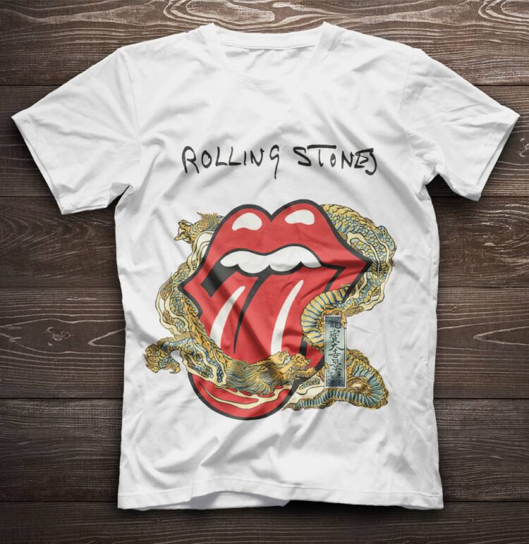 The Rolling Stones Big Tongue Gold Dragon Tattoo Japan Style Shirt - White