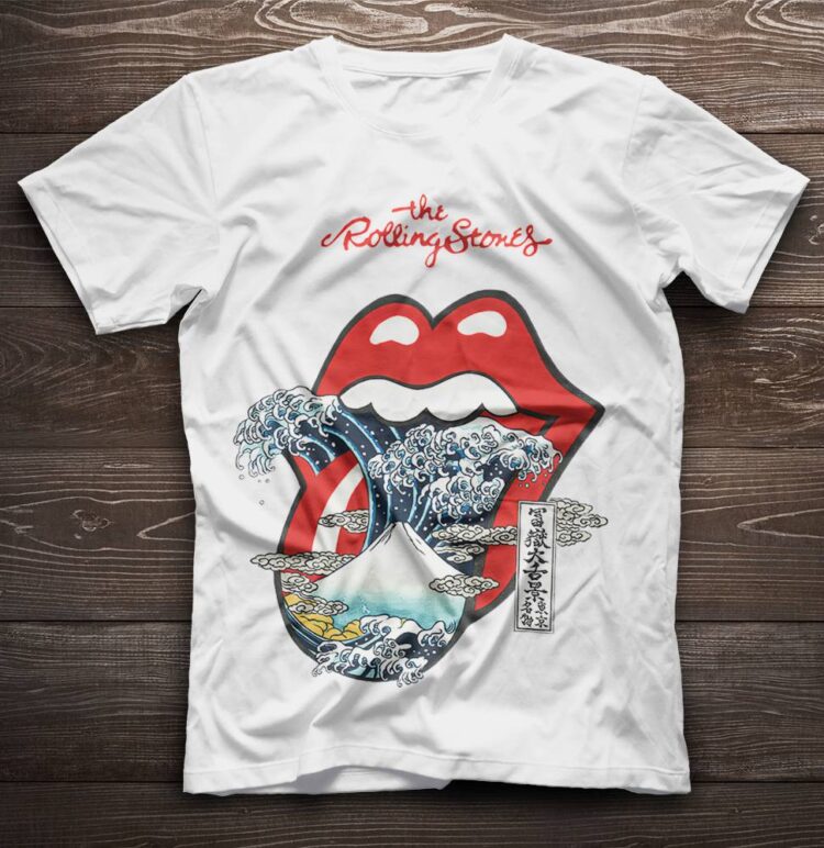 The Rolling Stones Big Red Tongue Great Wave Fuji Mountain Tattoo Japan Style Shirt - White