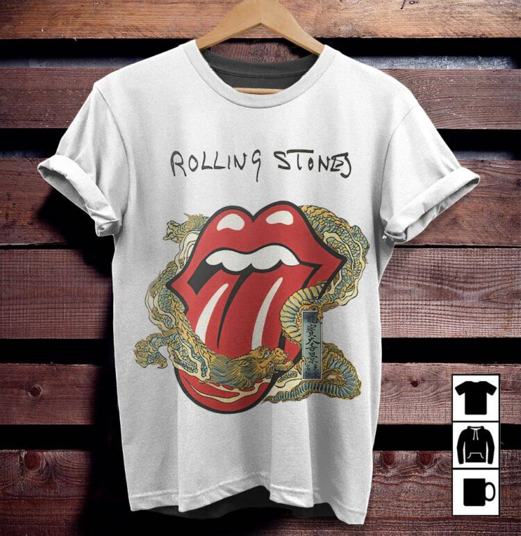 The Rolling Stones Big Tongue Gold Dragon Tattoo Japan Style Shirt - White