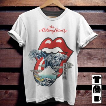 The Rolling Stones Big Red Tongue Great Wave Fuji Mountain Tattoo Japan Style Shirt - White