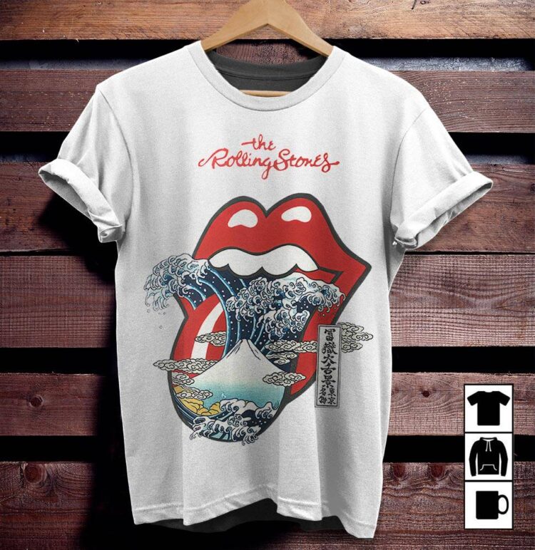 The Rolling Stones Big Red Tongue Great Wave Fuji Mountain Tattoo Japan Style Shirt - White